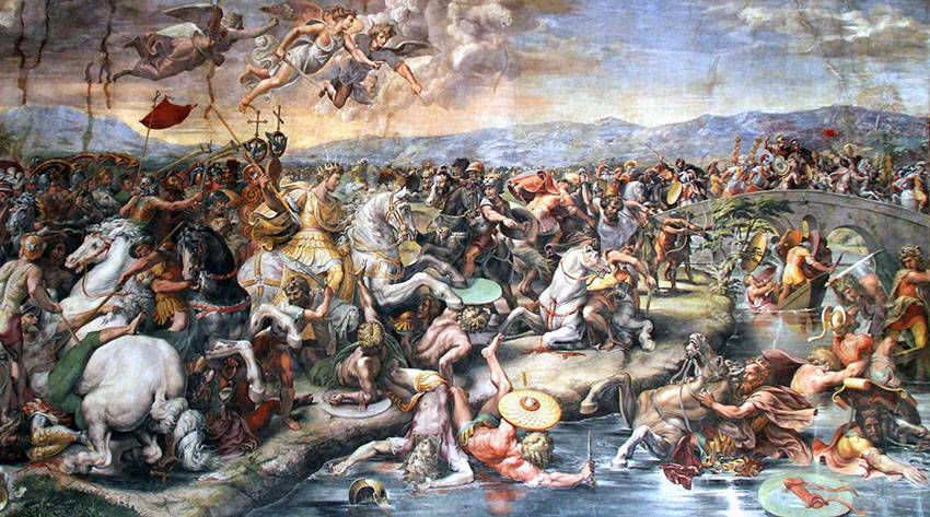 The Battle of the Milvian Bridge by painter Giulio Romano (XVI century). Location: Apostolic palace in Vatican