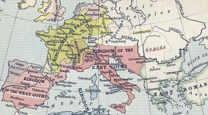 Map showing Kingdom of Ostrogoths in Italy and Visigoths in Spain