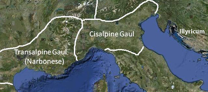 Map of Transalpine, Cisalpine Gaul and Illyricum.