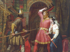 Paint represent assassination of Alboin, King of the Lombards by artist Charles Landseer (1799–1879).