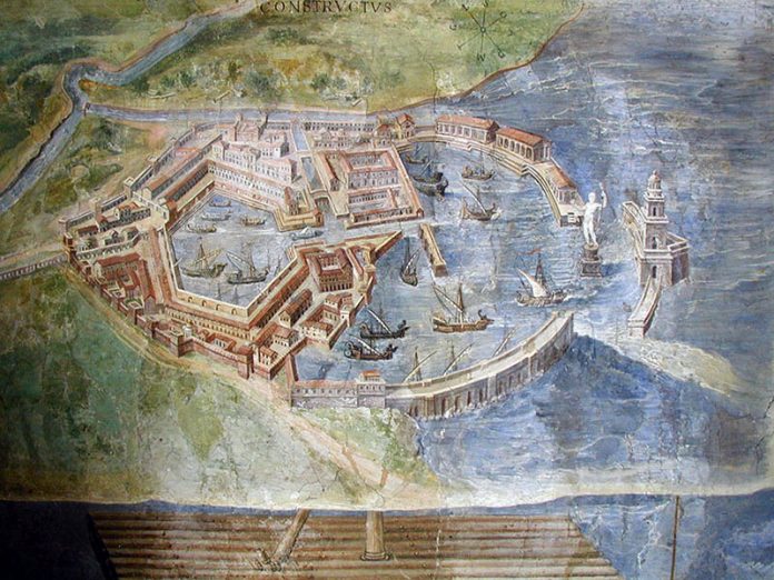 Map of ancient Ostia from Vatican Museum gallery. Photo by [Ken Trethewey, 2003]