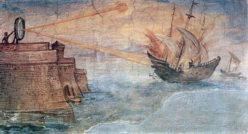Interpretation of Archimedes inovation (with mirror) in fight against Roman ships by Giulio Parigi.