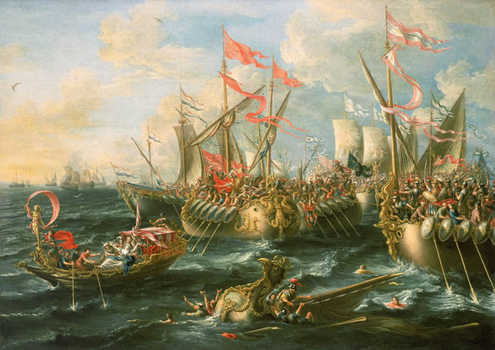 Battle of Actium, interpretation by painter Lorenzo A. Castro (XVII century)