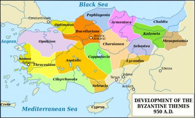 Map of Byzantine "themes" around 950 AD. Themes as defence system established firstly in 7 century.