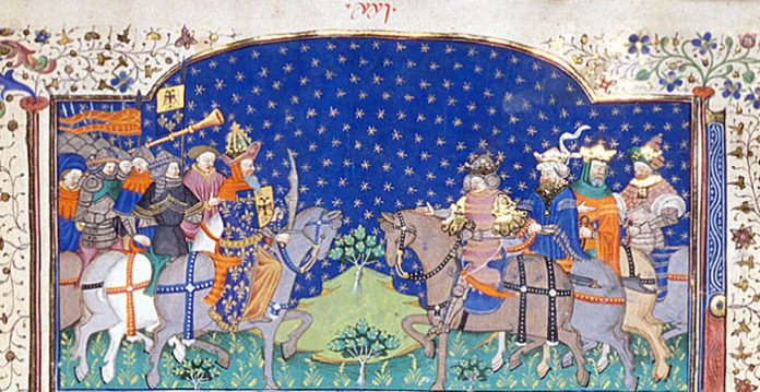 Miniature of Charlemagne and four kings in Poems and Romances (the 'Talbot Shrewsbury book'