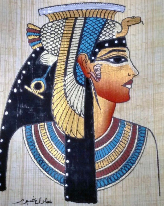 Portrait of Cleopatra, Egyptian souvenir drawn on papyrus.