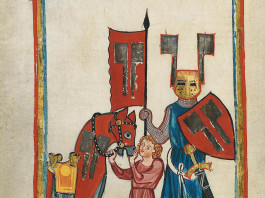 The page of Codex Manesse (from beginning of the XIV century) showing Wolfram von Eschenbach and his squire.