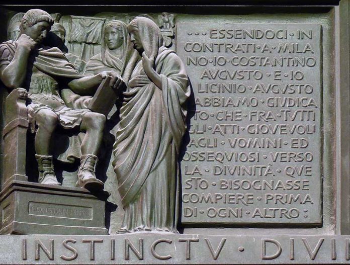Relief made in bronze showing Constantine I and his Edict of Milan by artist Arrigo Minerbi 1948. Location: Milan Cathedral, first left door. Relief made in bronze showing Constantine I and his Edict of Milan by artist Arrigo Minerbi 1948. Location: Milan Cathedral, first left door.