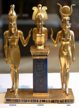 Ancient Egyptian Gods Horus (left), Osiris (middle), Isis (right).