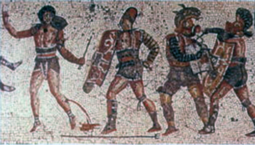 Example or Roman mosaic showing gladiators