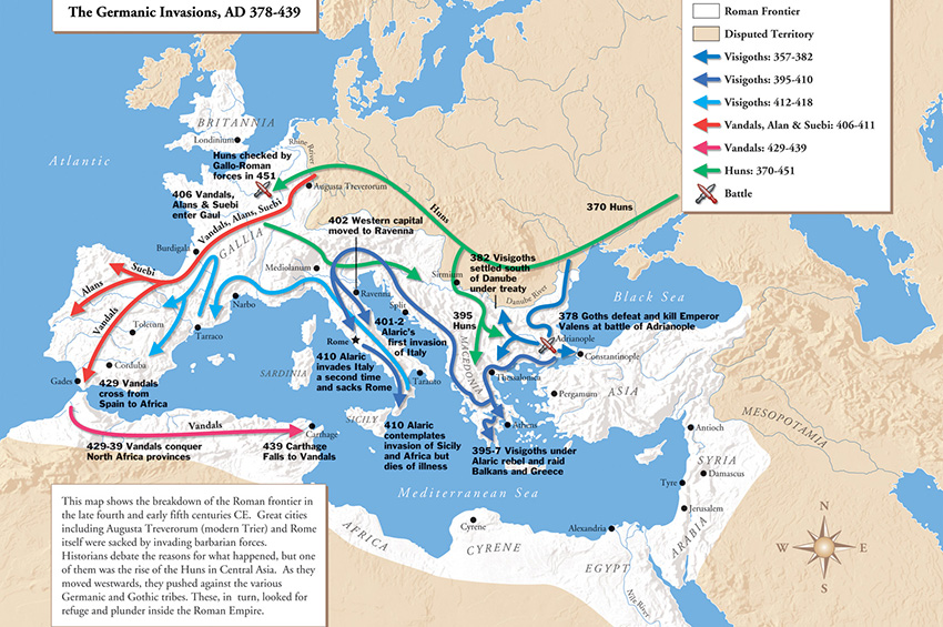 Migrations of Germanic tribes (378-439). Source of Map: http://courses.wccnet.edu/~jrush/121outline10.html