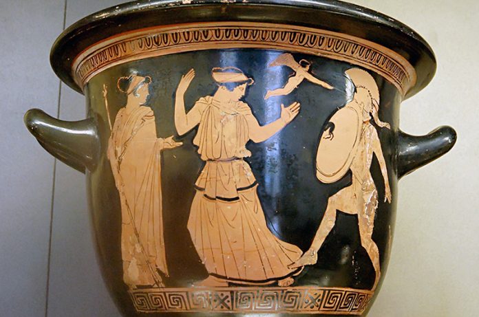 Detail showing king Menelaus intends to strike Helen. Struck by her beauty, Menelaus drops his swords. Pottery location: Louvre Museum Paris Detail showing king Menelaus intends to strike Helen. Struck by her beauty, Menelaus drops his swords. Pottery location: Louvre Museum Paris