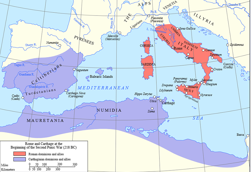 Map of Rome and Carthage before Second Punic War