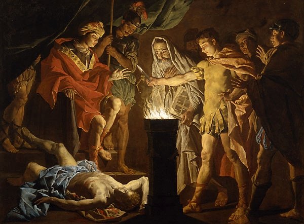 Mucius Scaevola in the Presence of Lars Porsenna oil on canvas painting by Matthias Stomer early 1640s Art Gallery of New South Wales