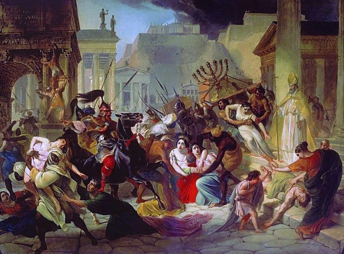 Paint showing scene from 455 AD when Vandals entered into Rome. Oil on canvas by Russian painter Karl Briullov (19 century). Source of image: http://www.art-catalog.ru/picture.php?id_picture=3761 Paint showing scene from 455 AD when Vandals entered into Rome. Oil on canvas by Russian painter Karl Briullov (19 century). Source of image: http://www.art-catalog.ru/picture.php?id_picture=3761