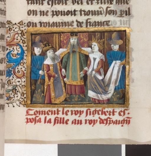 Parchment from 15 century showing mariage of Sigebert and Brunhilda. Curent location: Bibliothèque nationale de France