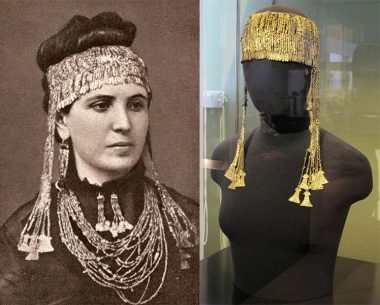 On the left side Sophia Schliemann wears golden jewelry, the part of so called Priam treasure. Right side is modern view of the golden diadem. The mostly of those artifacts are currently in the Pushkin Museum in Moscow. 