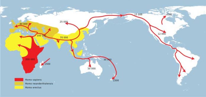 spreading_prehistoric-humans Spreading prehistoric humans. Map: https://commons.wikimedia.org/wiki/File:Spreading_homo_sapiens_la.svg
