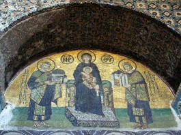 Mosaic in Haghia Sophia showing Virgin Mary and the Emperors Justinian and Constantine