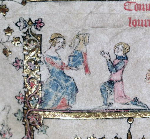 Women and Romances: Medieval Lady Presenting Helmet to Knight