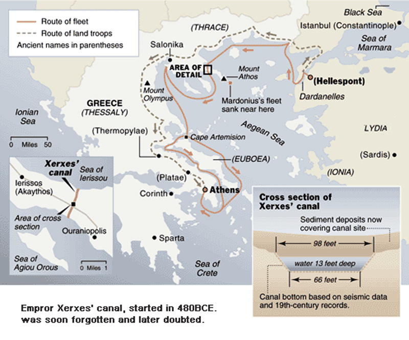 A map showing Xerxes invasion of Greece. Source of map: "www.cais-soas.com/News/2001/November2001/13-11.htm"