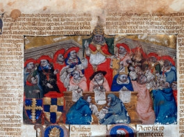 Pope Boniface VIII consulting his cardinals (manuscript from 14 century)