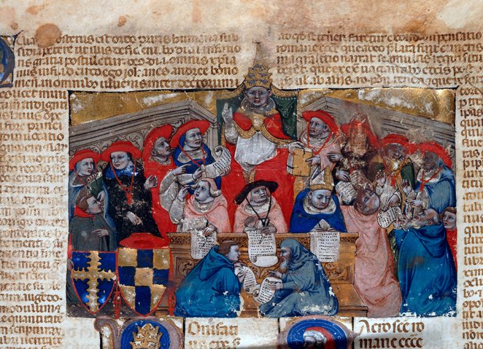 Pope Boniface VIII consulting his cardinals (manuscript from 14 century) Pope Boniface VIII consulting his cardinals (manuscript from 14 century)
