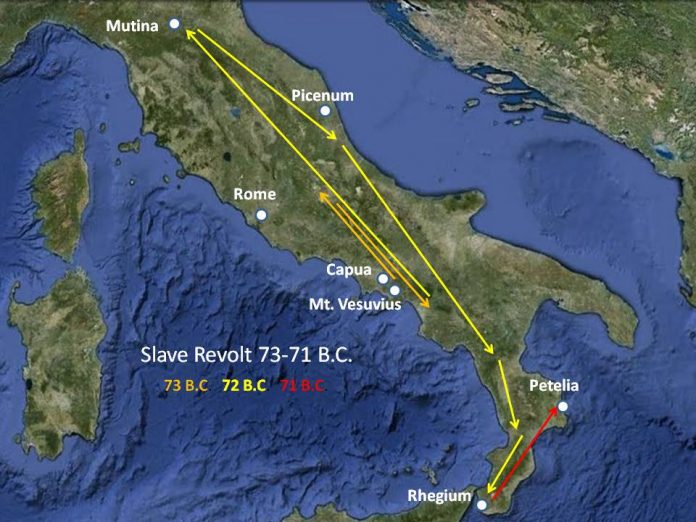 Map of Third servile war in Roman republic. Source of map: www.mikeanderson.biz/2012/02/spartacus-and-slave-revolt-of-73-71-bc.html